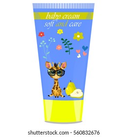 High quality original trendy vector Baby cream tube with kids design and giraffe, pear illustration