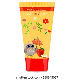 High quality original trendy vector apple Baby cream tube with kids design and owl on floral background illustration