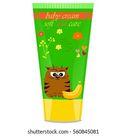 High quality original trendy vector Baby cream tube with kids design and cat, banana illustration