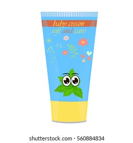 High quality original trendy vector Baby cream tube with kids design and mint on floral background illustration
