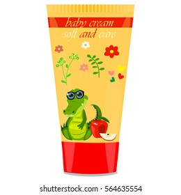 High quality original trendy vector apple Baby cream with kids design and crocodile or alligator on floral background illustration