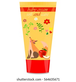 High quality original trendy vector apple Baby cream with kids design and fox on floral background illustration