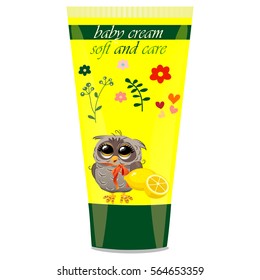 High quality original trendy vector lemon Baby cream with kids design and owl on floral background illustration