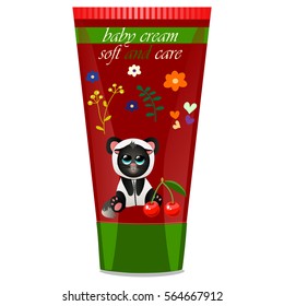 High quality original trendy vector Baby cream with kids design and cat in panda suit, cherry illustration