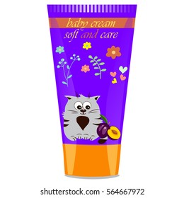 High quality original trendy vector Baby cream with kids design and cat, plum illustration