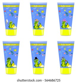 High quality original trendy vector pear Baby cream with kids design and crocodile or alligator on floral background illustration