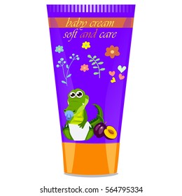 High quality original trendy vector plum Baby cream with kids design and crocodile or alligator on floral background illustration