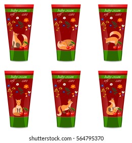 High quality original trendy vector cherry Baby cream with kids design and fox on floral background illustration