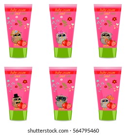 High quality original trendy vector strawberry Baby cream with kids design and owl on floral background illustration