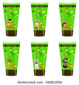 High quality original trendy vector Baby cream with kids design and cat, kiwi illustration