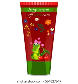 High quality original trendy vector cherry Baby cream with kids design and crocodile or alligator on floral background illustration