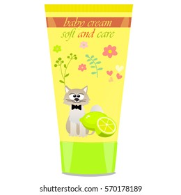 High quality original trendy vector Baby cream tube with kids design and cat, lime illustration