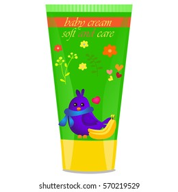 High quality original trendy vector Baby cream tube with kids design and bird, banana illustration