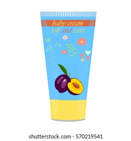 High quality original trendy vector Baby cream tube with kids design and plum on floral background illustration