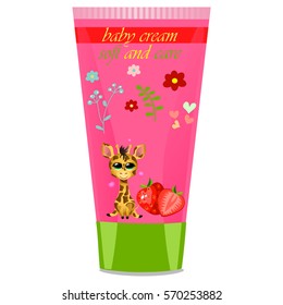 High quality original trendy vector Baby cream tube with kids design and giraffe, strawberry illustration