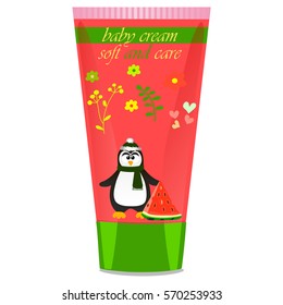 High quality original trendy vector Baby cream tube with kids design and penguin, watermelon illustration