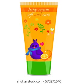 High quality original trendy vector Baby cream tube with kids design and bird, orange illustration
