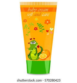 High quality original trendy vector orange Baby cream tube with kids design and crocodile or alligator on floral background illustration