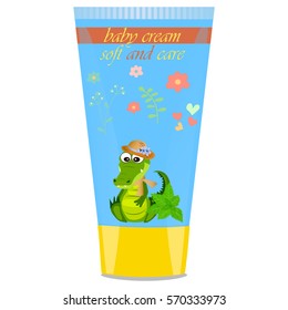 High quality original trendy vector mint Baby cream tube with kids design and crocodile or alligator on floral background illustration