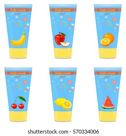 High quality original trendy vector set with Baby cream tube with kids design and fruits on floral background illustration