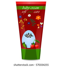 High quality original trendy vector cherry Baby cream tube with kids design and crocodile or alligator on floral background illustration