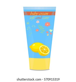 High quality original trendy vector Baby cream tube with kids design and lemon on floral background illustration
