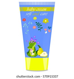 High quality original trendy vector pear Baby cream tube with kids design and crocodile or alligator on floral background illustration
