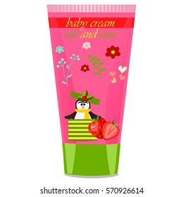 High quality original trendy vector Baby cream tube with kids design and penguin, strawberry illustration
