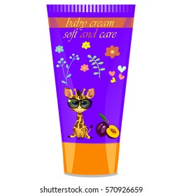 High quality original trendy vector Baby cream tube with kids design and giraffe, plum illustration