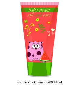 High quality original trendy vector Baby cream tube with kids design and cat, watermelon illustration