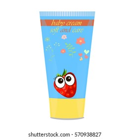 High quality original trendy vector Baby cream tube with kids design and strawberry on floral background illustration