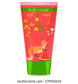 High quality original trendy vector watermelon Baby cream tube with kids design and fox on floral background illustration