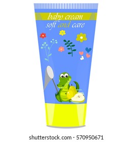 High quality original trendy vector pear Baby cream tube with kids design and crocodile or alligator on floral background illustration