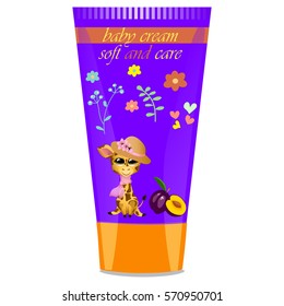 High quality original trendy vector Baby cream tube with kids design and giraffe, plum illustration
