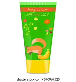 High quality original trendy vector banana Baby cream tube with kids design and fox on floral background illustration