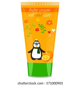 High quality original trendy vector Baby cream tube with kids design and penguin, orange illustration