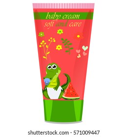 High quality original trendy vector Baby watermelon cream tube with kids design and crocodile or alligator on floral background illustration