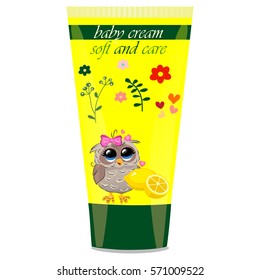 High quality original trendy vector lemon Baby cream tube with kids design and owl on floral background illustration
