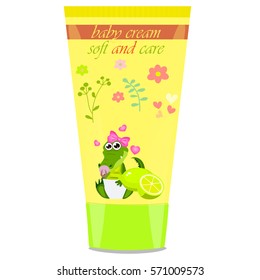 High quality original trendy vector lime Baby cream tube with kids design and crocodile or alligator on floral background illustration