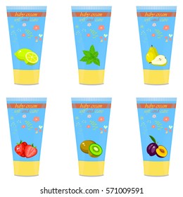 High quality original trendy vector Baby cream tube with kids design and fruits on floral background illustration