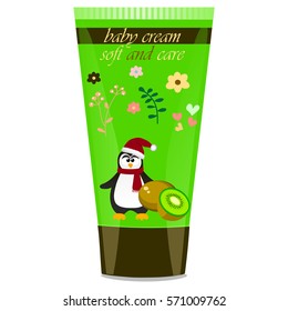 High quality original trendy vector Baby cream tube with kids design and penguin, kiwi illustration