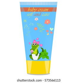 High quality original trendy vector mint Baby cream tube with kids design and crocodile or alligator on floral background illustration