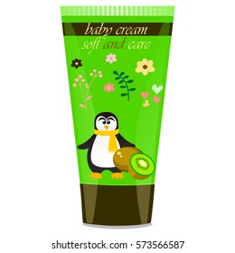 High quality original trendy vector Baby cream tube with kids design and penguin, kiwi illustration