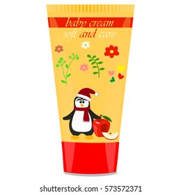 High quality original trendy vector Baby cream tube with kids design and penguin, apple illustration