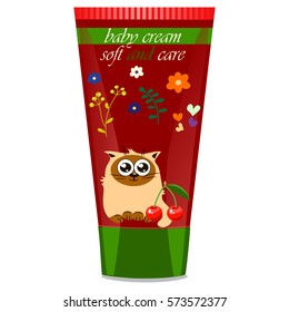 High quality original trendy vector Baby cream tube with kids design and cat, cherry illustration