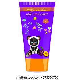 High quality original trendy vector Baby cream tube with kids design and cat in panda suit, plum illustration