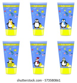 High quality original trendy vector Baby cream tube with kids design and penguin,pear illustration