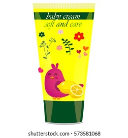 High quality original trendy vector Baby cream tube with kids design and bird, lemon illustration