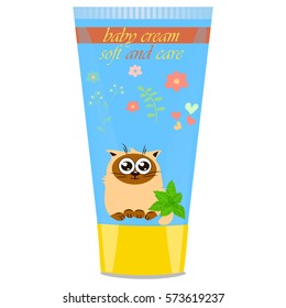 High quality original trendy vector Baby cream tube with kids design and cat, mint illustration