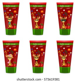 High quality original trendy vector Baby cream tube with kids design and giraffe, cherry illustration